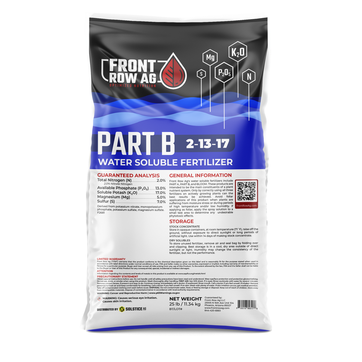 A 25lb bag of Front Row Ag Part B formula water-soluble fertilizer