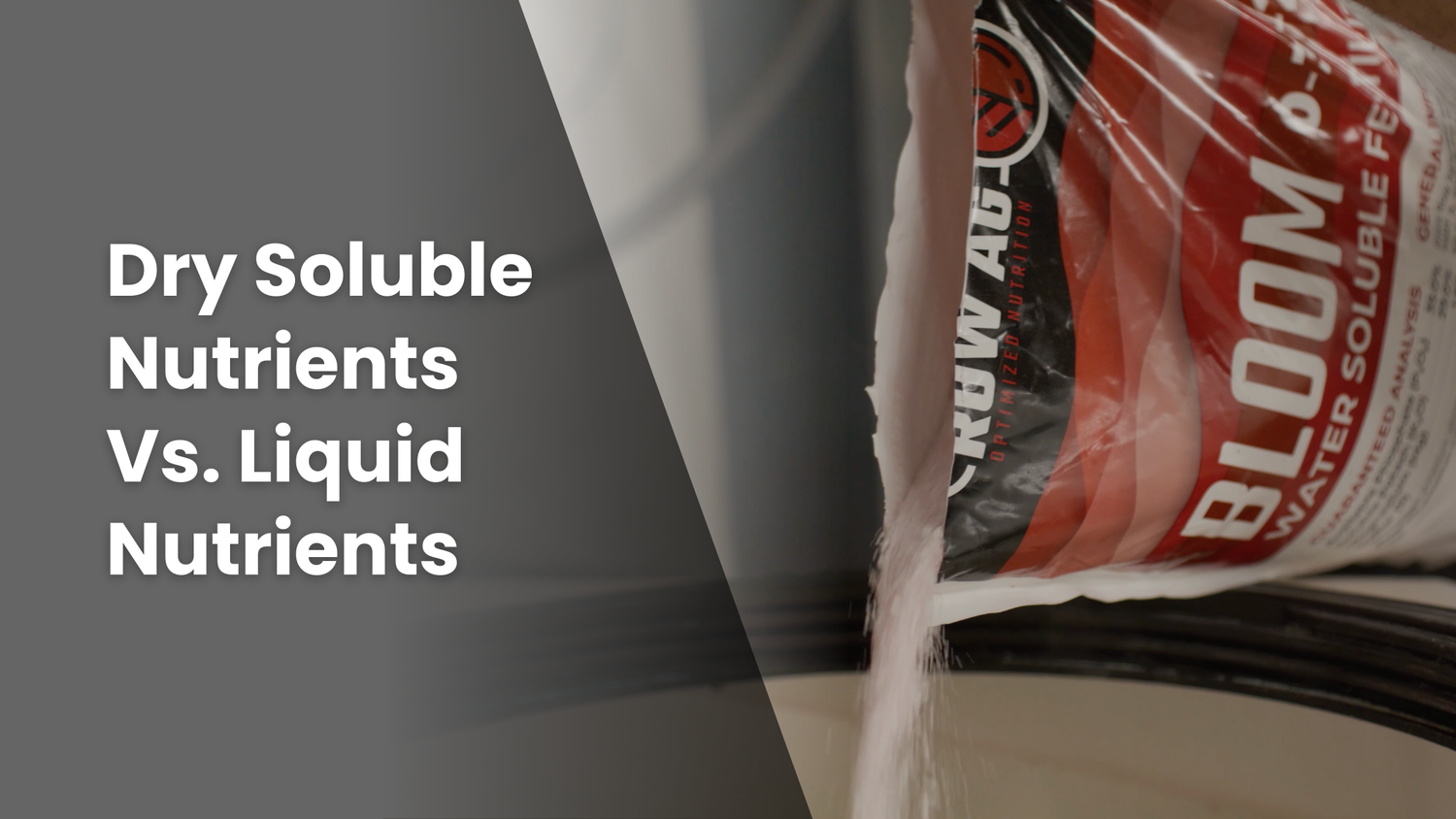 Featured image for a blog post, "Dry Soluble Nutrients Vs. Liquid Nutrients" with an image of Front Row Ag's "Bloom" product.