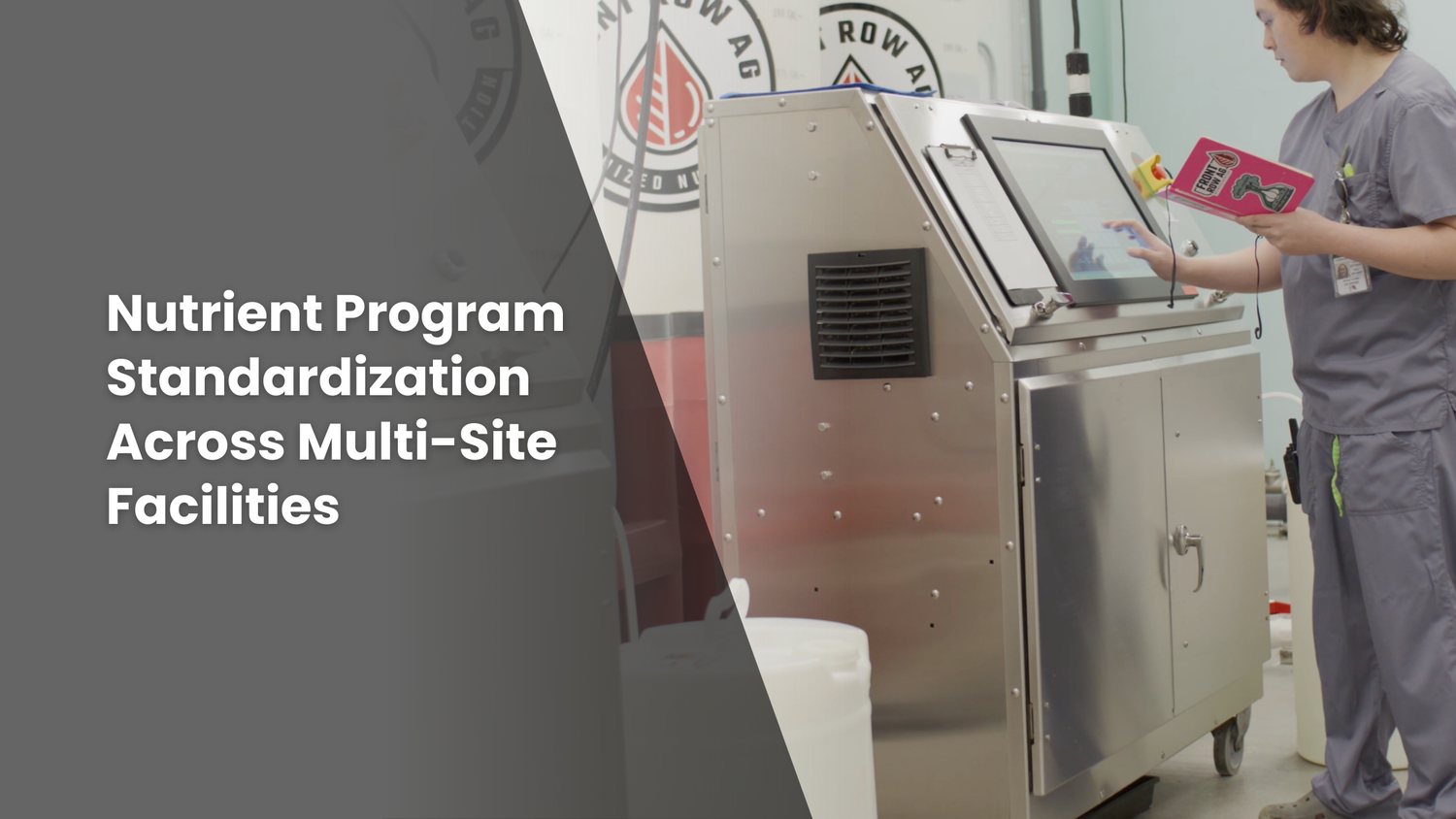 Featured image for a blog article, "Nutrient Program Standardization Across Multi-Site Facilities" with an image of a facility worker using large machinery. 
