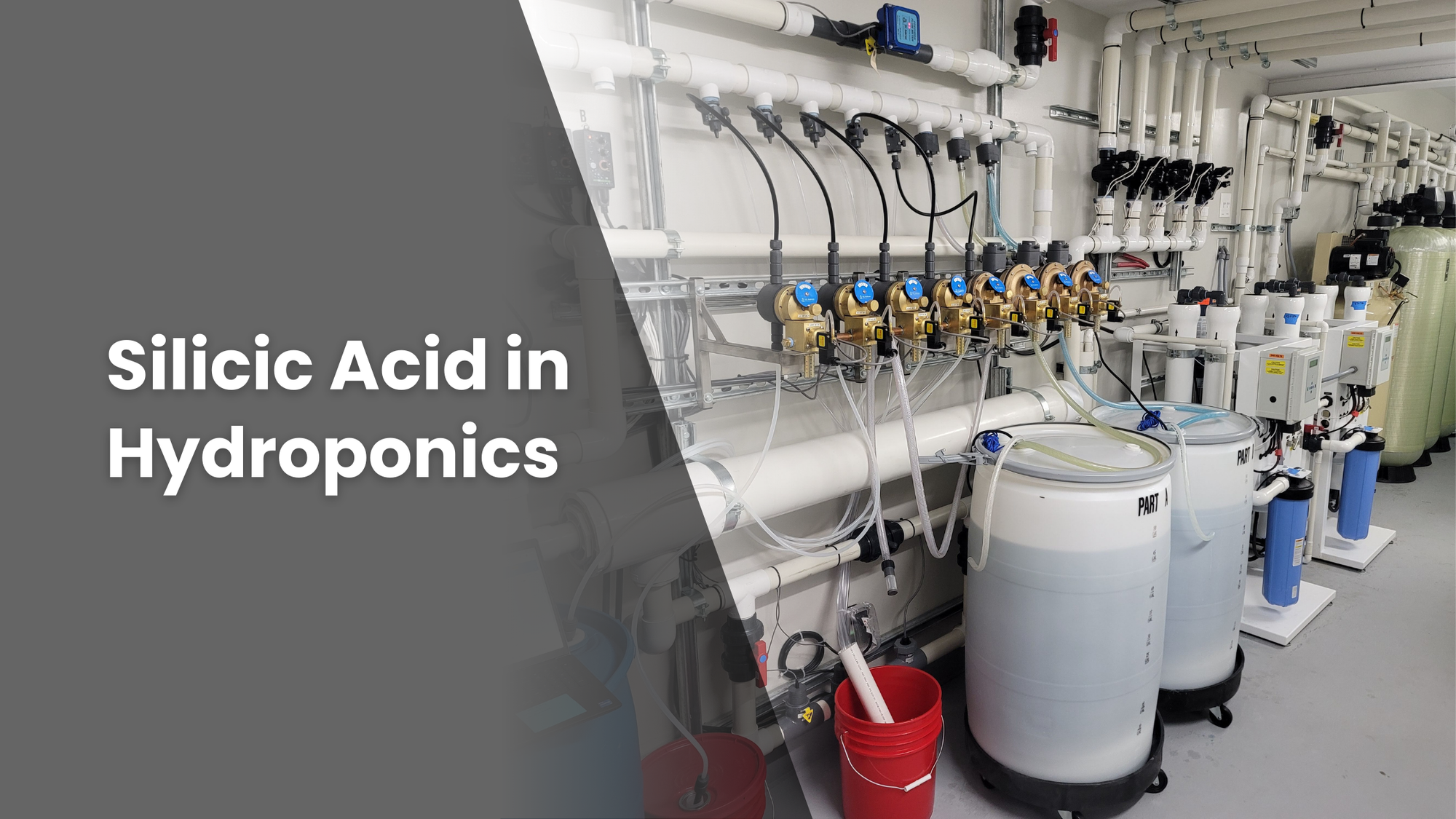 Featured image for a blog article, "Silicic Acid in Hydroponics" with an image of an industrial tank connected to hydroponic pipes on the wall.